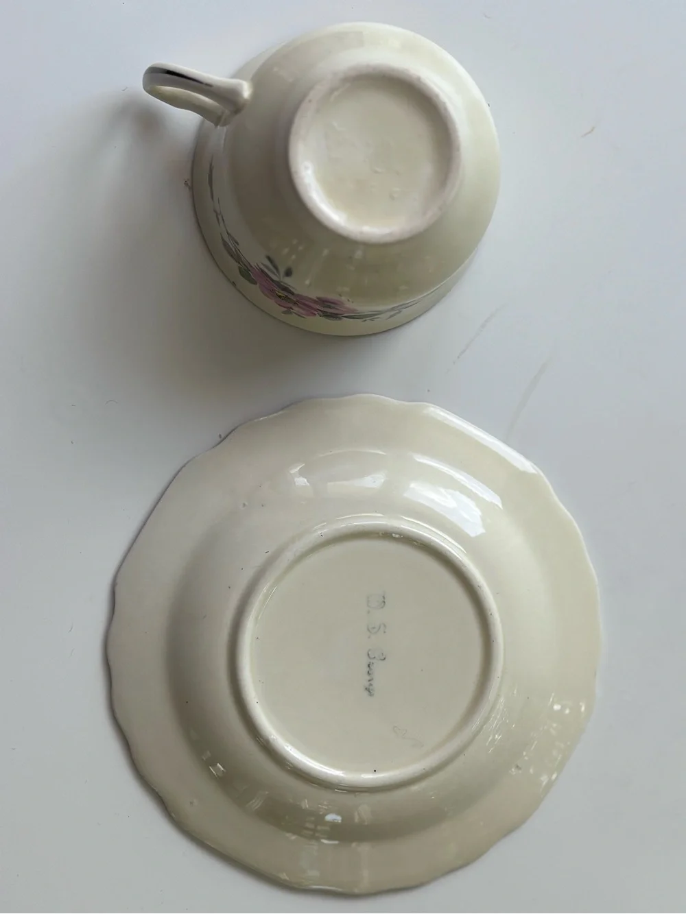 Vintage W.S. George Cream Floral Teacup and Saucer Set with Pink Rose Motif